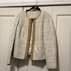 Tory Burch Cream  woven Leather  jacket with tan trim  and laser-cut details